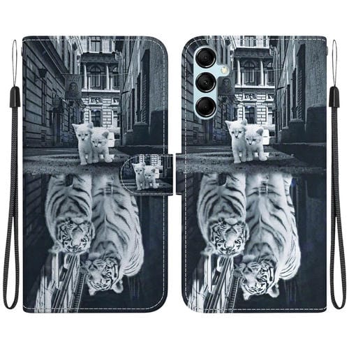 Funda para Teléfono Samsung Galaxy M34 F34 5G Cuero Dibujo Coloreado Textura Cristal (Reflejo de Tigre Gato)