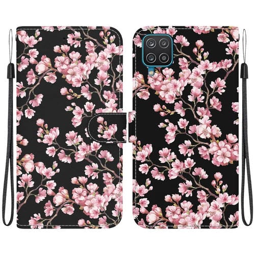 Funda para teléfono Samsung Galaxy A12 5G Cuero con Dibujo Coloreado y Textura de Cristal (Flor de Ciruelo)