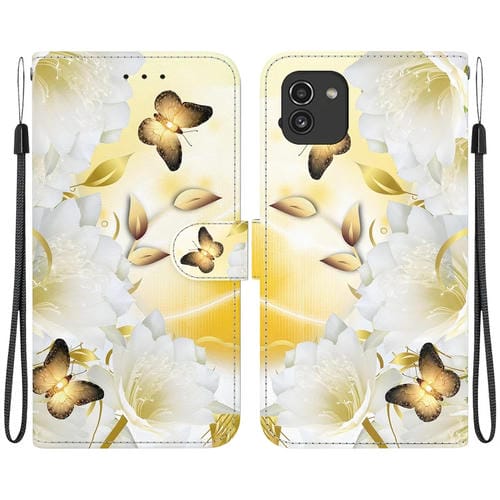 Funda de Cuero Samsung Galaxy A03 166mm Dibujo Coloreado Textura de Cristal (Epiphyllum Mariposa Dorada)