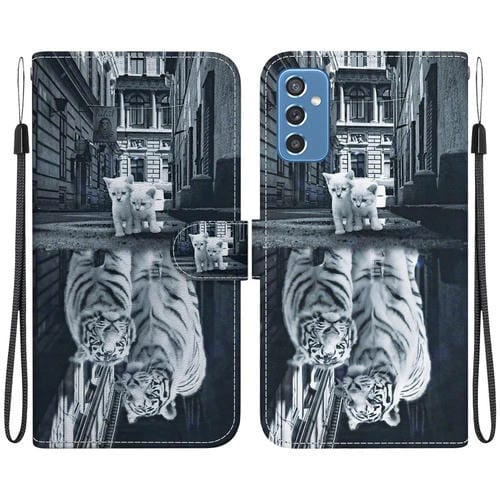 Funda para Teléfono Samsung Galaxy M52 5G Cuero Dibujo Coloreado Textura de Cristal (Reflejo de Tigre Gato)
