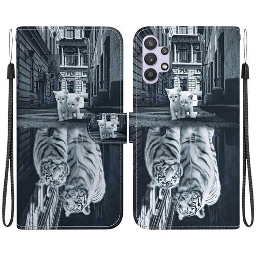 Funda para Teléfono Samsung Galaxy A32 4G Cuero Dibujo Coloreado Textura Cristal (Reflejo Tigre Gato)