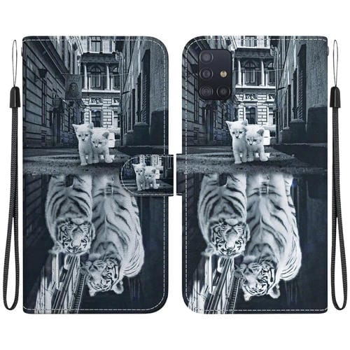Funda para Teléfono Samsung Galaxy A51 5G Cuero Dibujo Coloreado Textura de Cristal (Reflejo de Tigre Gato)