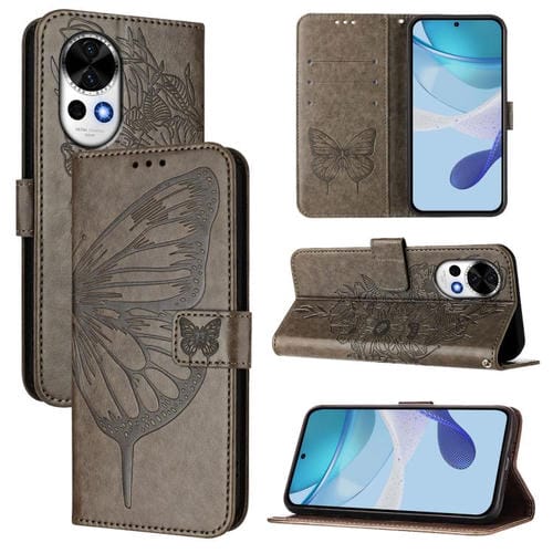 Funda de Cuero Huawei Nova 13/Nova 12 con Diseño Mariposa en Relieve (Gris)