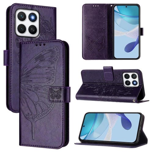 Funda de Cuero con Relieve de Mariposa para Honor X8C 4G (Morado Oscuro)