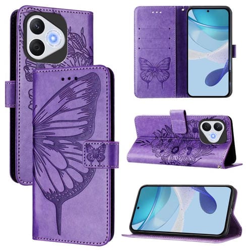 Funda de Cuero para Honor 400 Lite con Mariposas en Relieve (Morado)