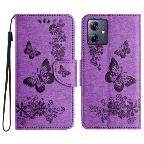 Funda de Cuero con Tapa para Motorola Moto G35 Diseño Mariposas en Relieve (Morado)