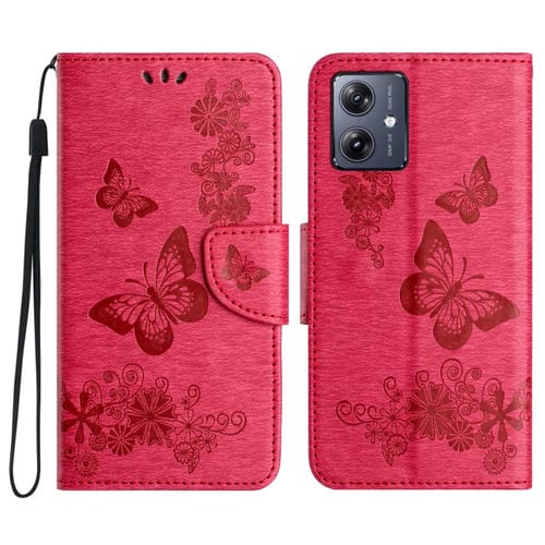 Funda de Cuero con Tapa y Mariposas en Relieve para Motorola Moto G55 (Rojo)