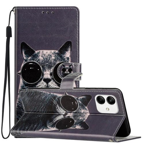 Funda de Cuero Samsung Galaxy A05 Dibujo Coloreado Gato de Gafas de Sol