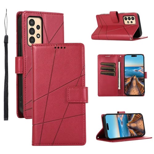 Funda para Teléfono Samsung Galaxy A13 PU con Línea en Relieve Textura Cuero Genuino (Rojo)