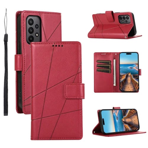 Funda para Teléfono Samsung Galaxy A23 con Línea en Relieve Textura de Cuero Genuino (Rojo)
