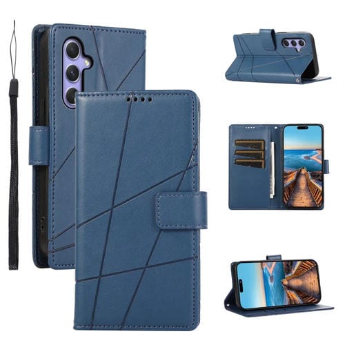 Funda para Teléfono Samsung Galaxy A54 5G PU con Línea en Relieve Textura de Cuero Genuino (Azul)