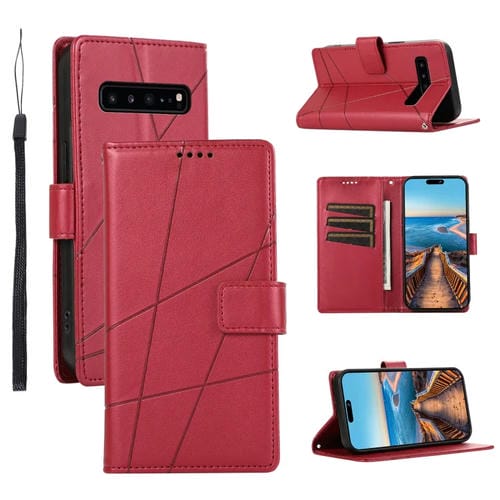 Funda para Teléfono Samsung Galaxy S10 5G PU con Línea en Relieve Textura Cuero Genuino (Rojo)