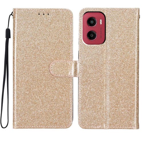 Funda de Cuero con Tapa y Purpurina para Motorola Moto G05 (Dorada)