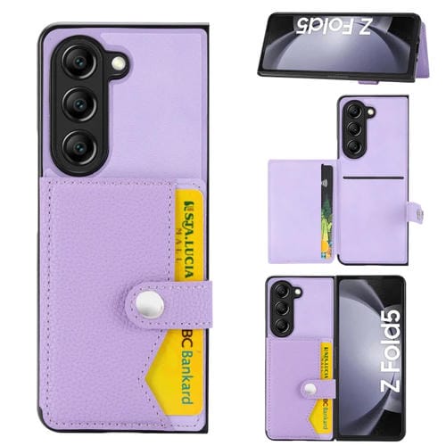 Funda para teléfono Samsung Galaxy Z Fold5 Litchi Pattern con tarjetero de un solo botón (Púrpura Claro)