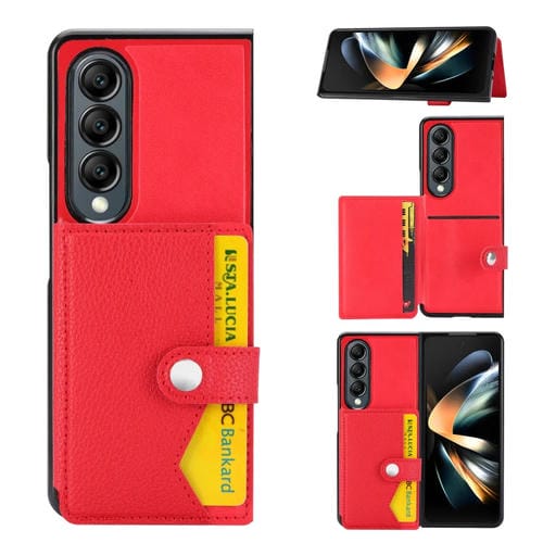 Funda para teléfono Samsung Galaxy Z Fold3 5G con tarjetero y botón patrón Litchi (Rojo)