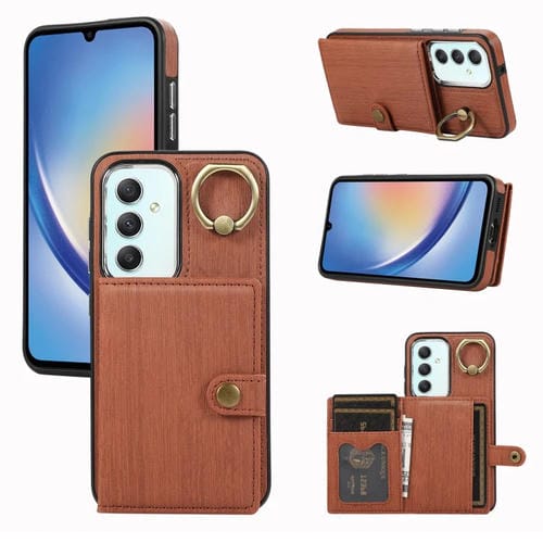 Funda para Teléfono Samsung Galaxy A34 5G con Soporte para Anillo y Billetera con Textura Cepillada (Marrón)