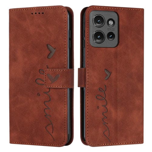 Funda de Piel con Relieve de Corazón y Cordón Largo para Motorola Edge 50 (Marrón)