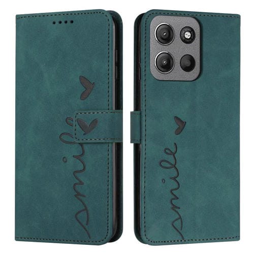 Funda de Piel con Relieve de Corazón para Motorola Moto G15 con Cordón Largo (Verde)