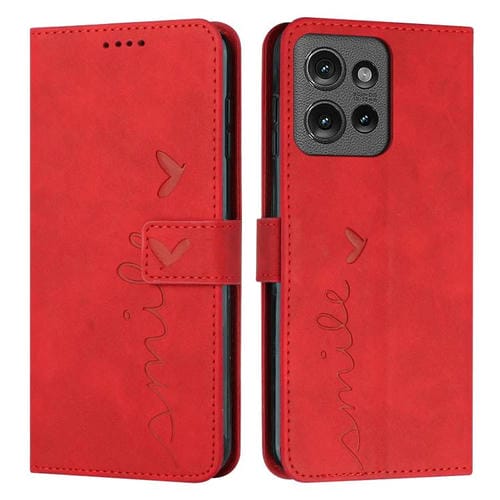 Funda de Piel con Relieve de Corazón para Motorola Moto G 5G (2025) con Cordón Largo (Rojo)