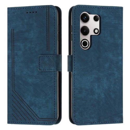 Funda de Cuero Itel S25 con Diseño de Rayas y Tacto Ultrafino con Cordón (Azul)