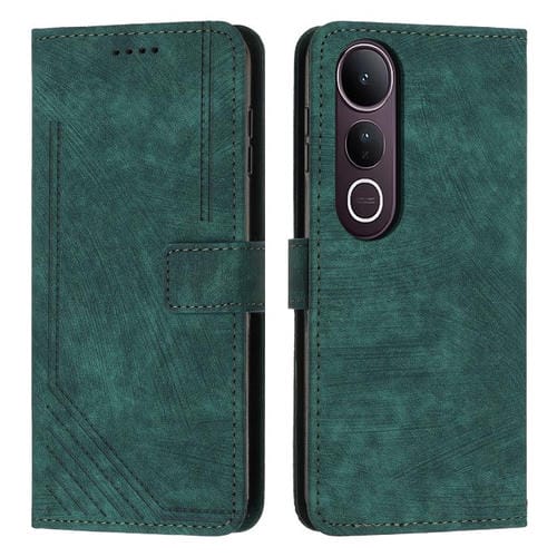 Funda de Piel con Estampado de Rayas y Cordón para Vivo V50 Lite (Verde)