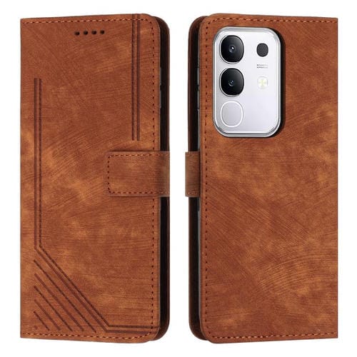 Funda de Cuero con Estampado de Rayas y Cordón para Vivo Y29 4G (Marrón)