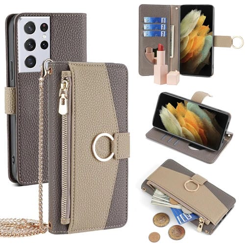 Funda de Cuero Crossbody para Samsung Galaxy S21 Ultra 5G con Textura Litchi (Gris)