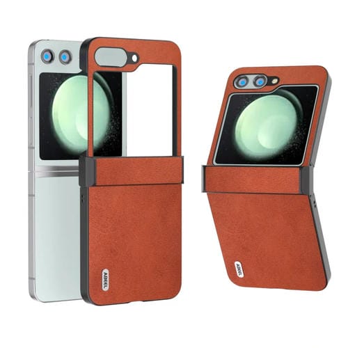 Funda para Teléfono Samsung Galaxy Z Flip5 Abeel Hinge de PU con Textura de Becerro de Dos Colores (Marrón)