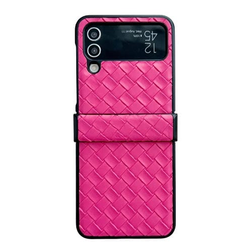 Funda para Teléfono Samsung Galaxy Z Flip3 Juego de Tres Piezas PU Plegable con Textura Tejida (Rojo Rosa)
