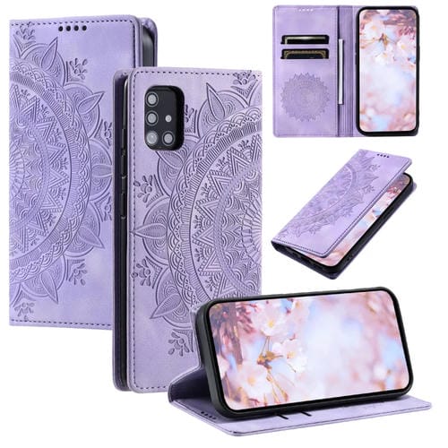 Funda de Cuero Magnética Totem para Samsung Galaxy A71 5G en Relieve (Púrpura)