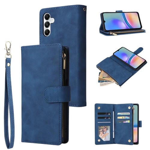 Funda de Cuero para Samsung Galaxy A05S con Billetera y Cremallera Esmerilada Multifuncional (Azul)