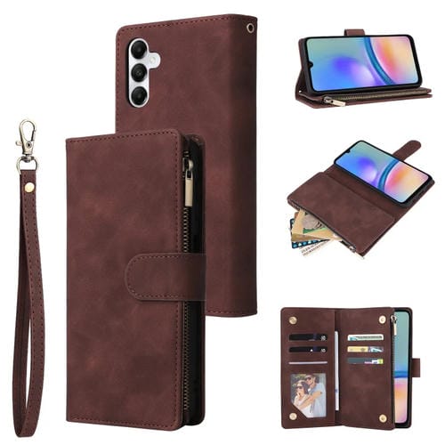 Funda de Cuero Samsung Galaxy A05S con Billetera y Cremallera Multifuncional (Café)