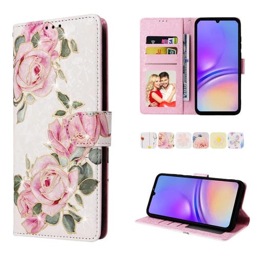 Funda de Cuero Samsung Galaxy A05 Rfid con Pintura Bronceada (Flor Rosa)