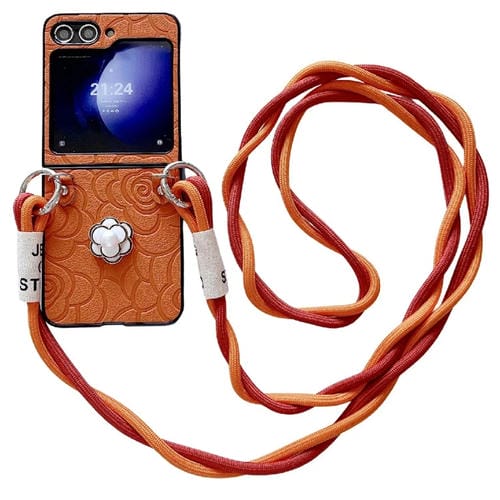 Funda Protectora Samsung Galaxy Z Flip3 5G Impression Camellia Pattern con Cordón Largo (Naranja)