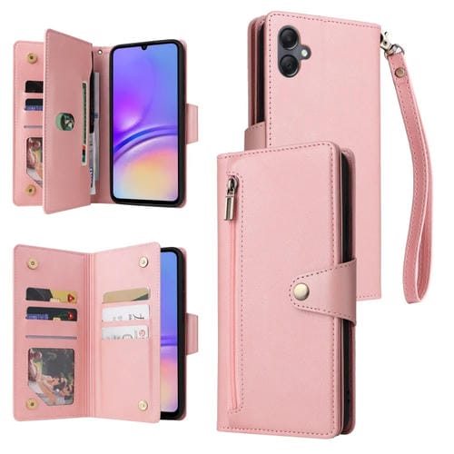 Funda para Samsung Galaxy A05 Rivet Buckle con 9 Tarjetas de Cuero y Tres Pliegues (Oro Rosa)