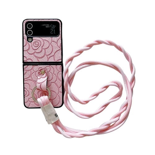 Funda Protectora Samsung Galaxy Z Flip4 5G con Patrón de Camelia, Cordón Largo y Anillo de Diamante (Rosa)