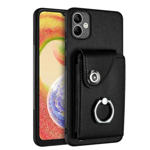 Funda para Teléfono Samsung Galaxy A04 4G de PU con Soporte para Anillo y Bolsa para Tarjeta (Negro)