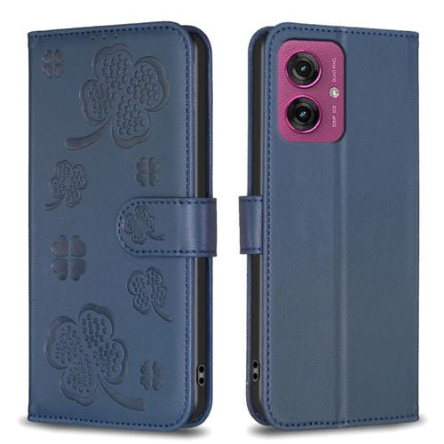Funda de Cuero con Relieve de Cuatro Hojas para Motorola Moto G55 (Azul)