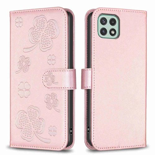 Funda de Cuero Samsung Galaxy A22 5G con Relieve de Cuatro Hojas (Rosa)