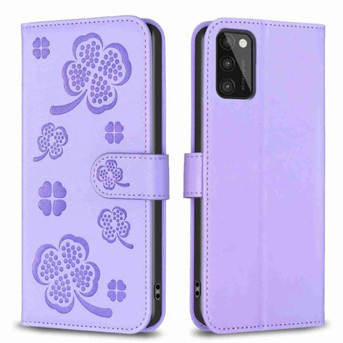 Funda de Cuero Samsung Galaxy A41 con Relieve de Cuatro Hojas (Púrpura)