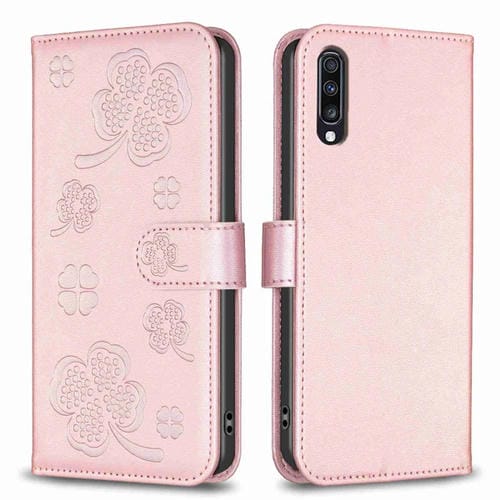 Funda de Cuero Samsung Galaxy A70 con Relieve de Cuatro Hojas (Rosa)