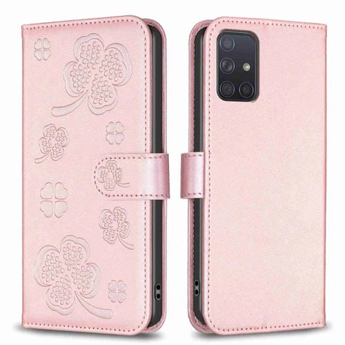 Funda de Cuero Samsung Galaxy A71 4G con Relieve de Cuatro Hojas (Rosa)