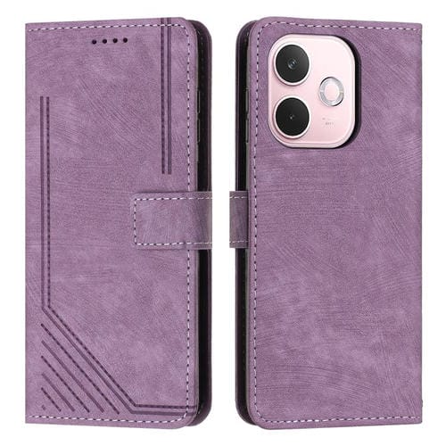 Funda de Cuero con Estampado de Rayas y Cordón Largo para Oppo A5 Pro 5G (Morado)