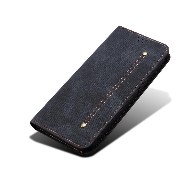 Funda de cuero con tapa y textura vaquera para Motorola Edge 60 Pro (negra)