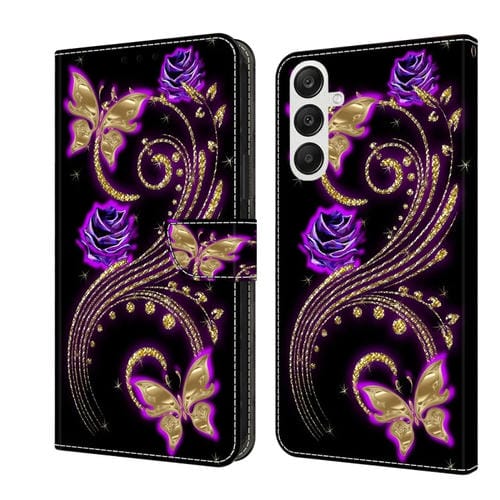Funda Protectora de Cuero Samsung Galaxy A55 Crystal 3D a Prueba de Golpes (Mariposa de Flor Púrpura)
