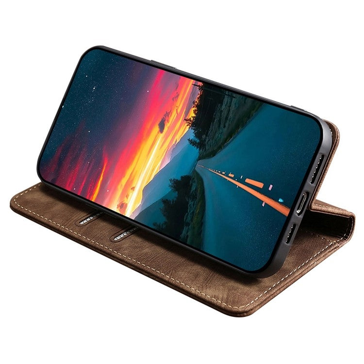 Funda de Cuero Magnética para Teléfono TCL 502 con Cepillo Antirrobo Rfid (Marrón)