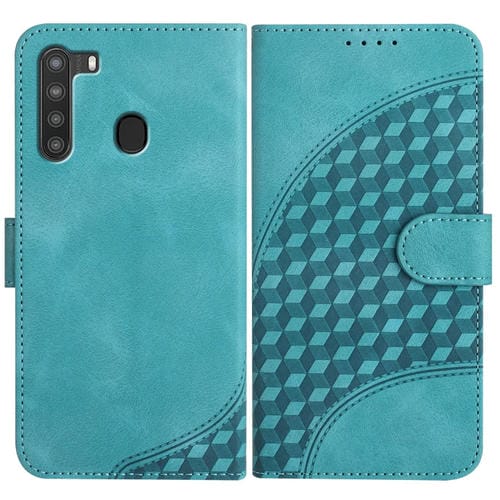 Funda de Cuero Samsung Galaxy A21 Versión UE Yx0060 con Relieve Cabeza de Elefante y Cordón (Azul Claro)