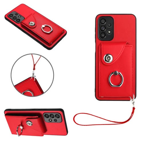 Funda para Teléfono Samsung Galaxy A52 4G 5G de PU con Soporte para Anillo Bolsa para Tarjeta y Cordón (Rojo)