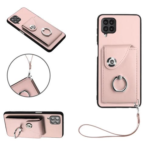 Funda para Teléfono Samsung Galaxy A12 de PU con Soporte para Anillo Bolsa para Tarjeta y Cordón (Rosa)