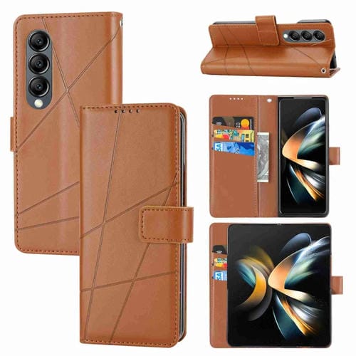 Funda para Teléfono Samsung Galaxy Z Fold4 con Línea en Relieve Textura Cuero Genuino (Marrón)